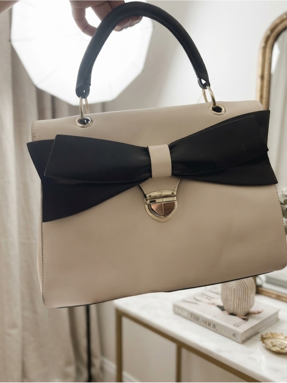 Aldo Cream Satchel with Black Bow Accent